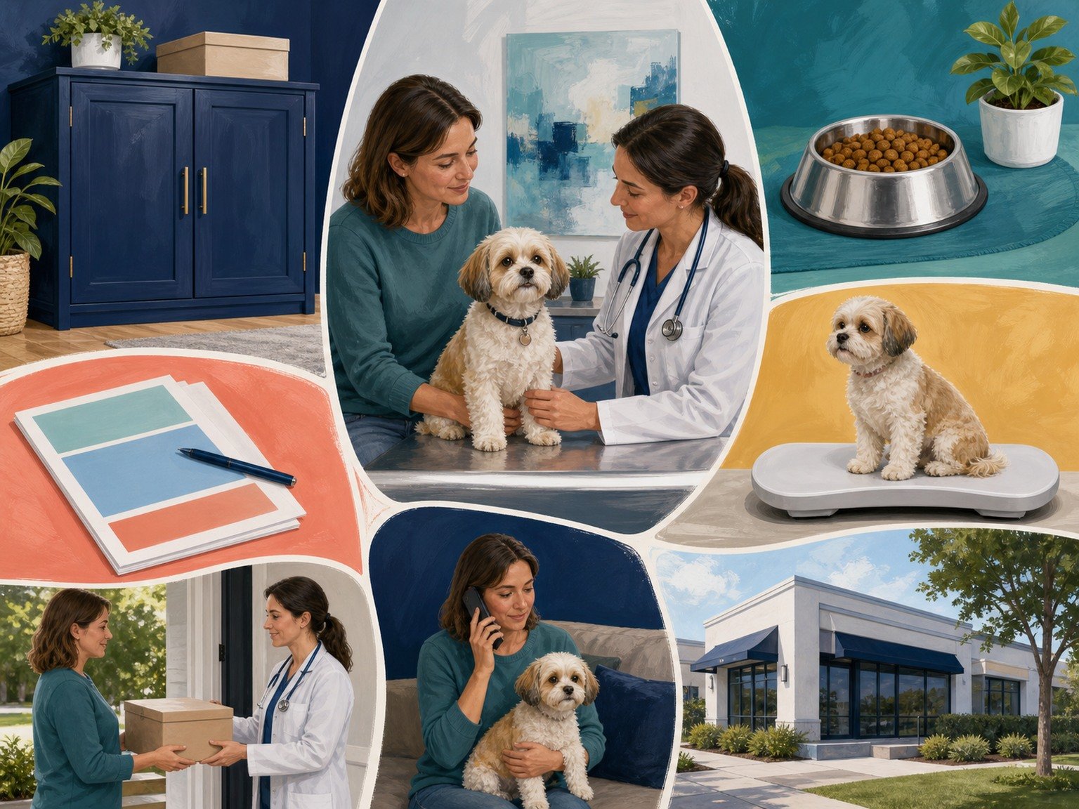 A text-free small-dog safety map shows secure storage, a sealed package, scale, complete meal, blank records, caregiver handoff, phone contact, and clinic.