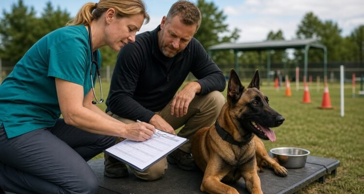 An athletic working dog rests after training while a sports-medicine veterinarian and handler review a neutral research and recovery record.