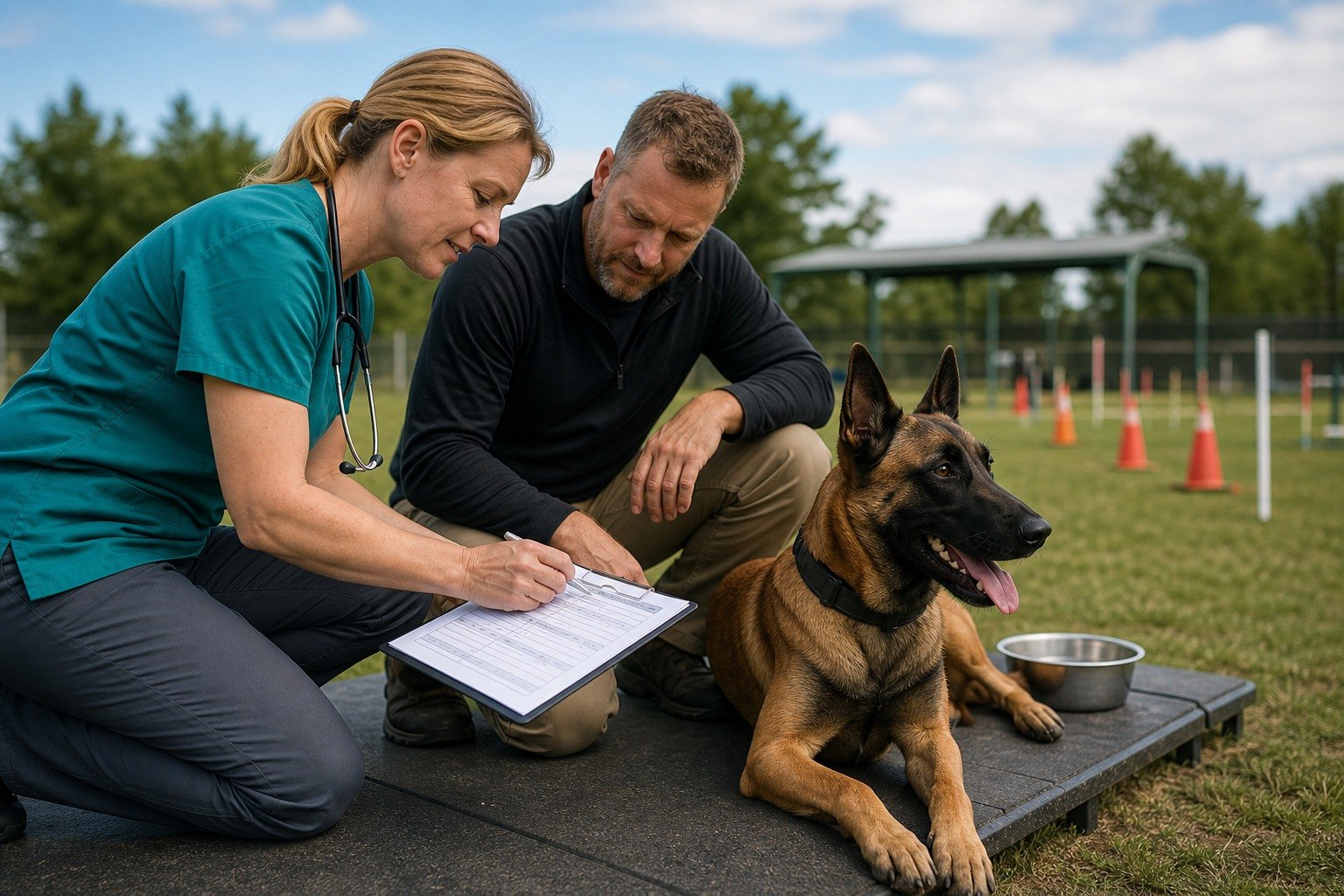 An athletic working dog rests after training while a sports-medicine veterinarian and handler review a neutral research and recovery record.