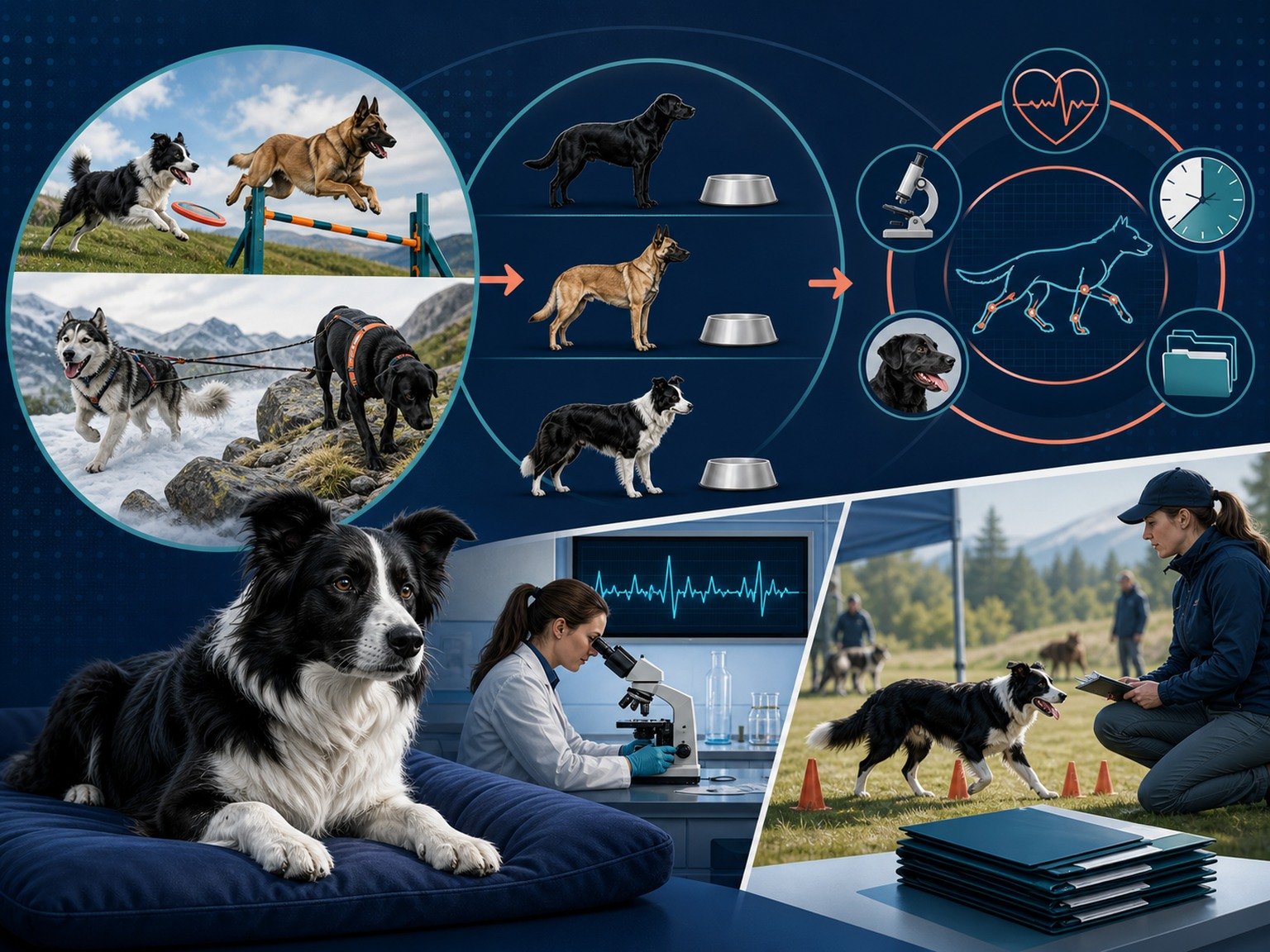 A text-free sport-dog research map separates work tasks, comparison groups, gait and recovery observation, laboratory measures, adverse events, and repeated studies.