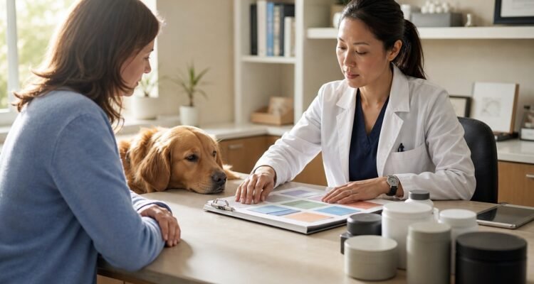 A veterinarian and owner organize one neutral whole-dog ledger while a calm dog rests beside them.