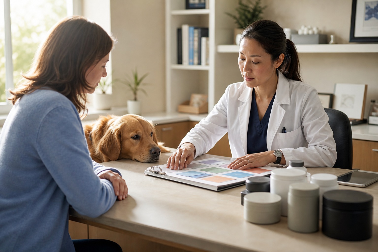 A veterinarian and owner organize one neutral whole-dog ledger while a calm dog rests beside them.