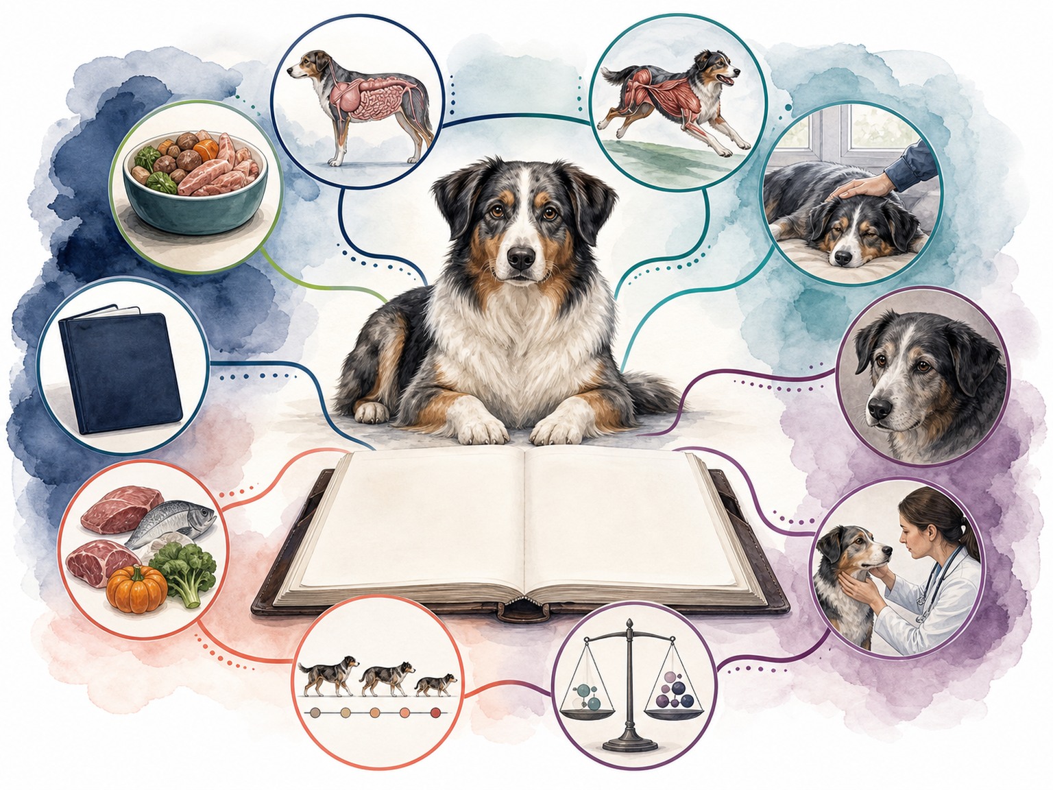 A text-free whole-dog map connects digestion, mobility, calming context, aging, food, blank records, ingredient overlap, evidence, and veterinary reassessment.