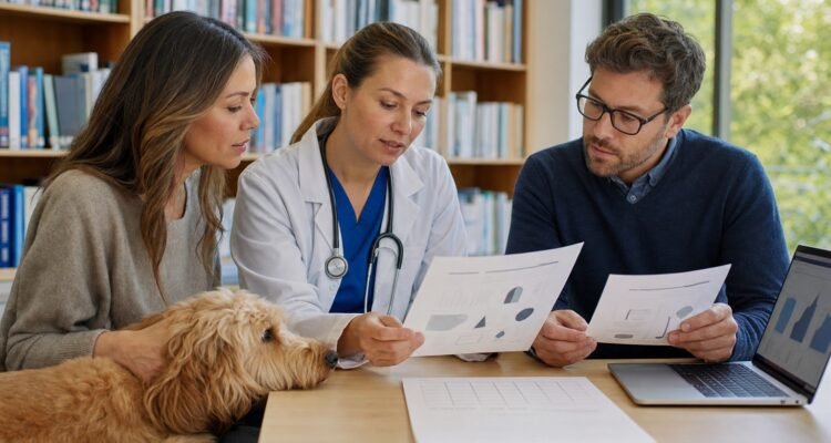 A dog rests beside its owner while a veterinarian and researcher compare neutral study diagrams and an evidence worksheet.