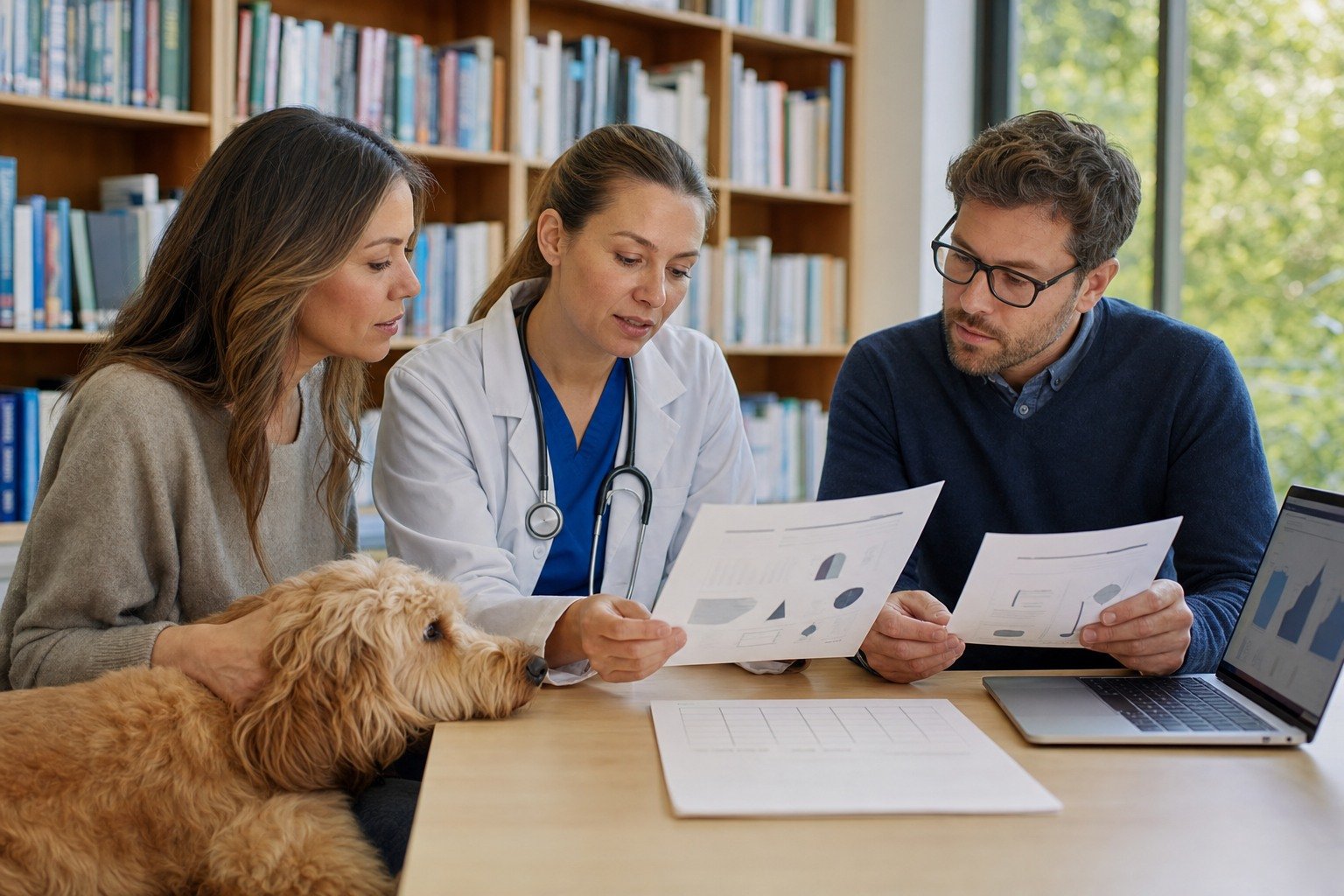 A dog rests beside its owner while a veterinarian and researcher compare neutral study diagrams and an evidence worksheet.