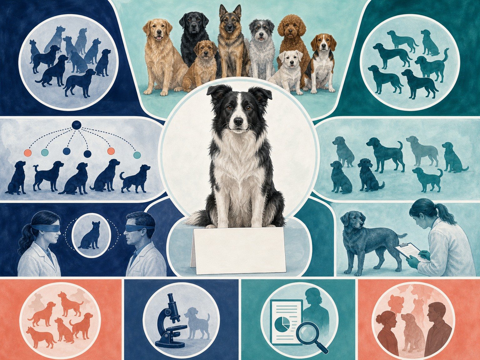 A text-free canine research map shows study populations, controls, blinding, sample size, outcomes, adverse-event review, funding, and replication.