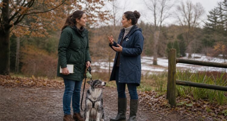 An owner and veterinarian talk beside a dog on a trail where damp ground, autumn leaves, winter edge, and spring growth show seasonal change.