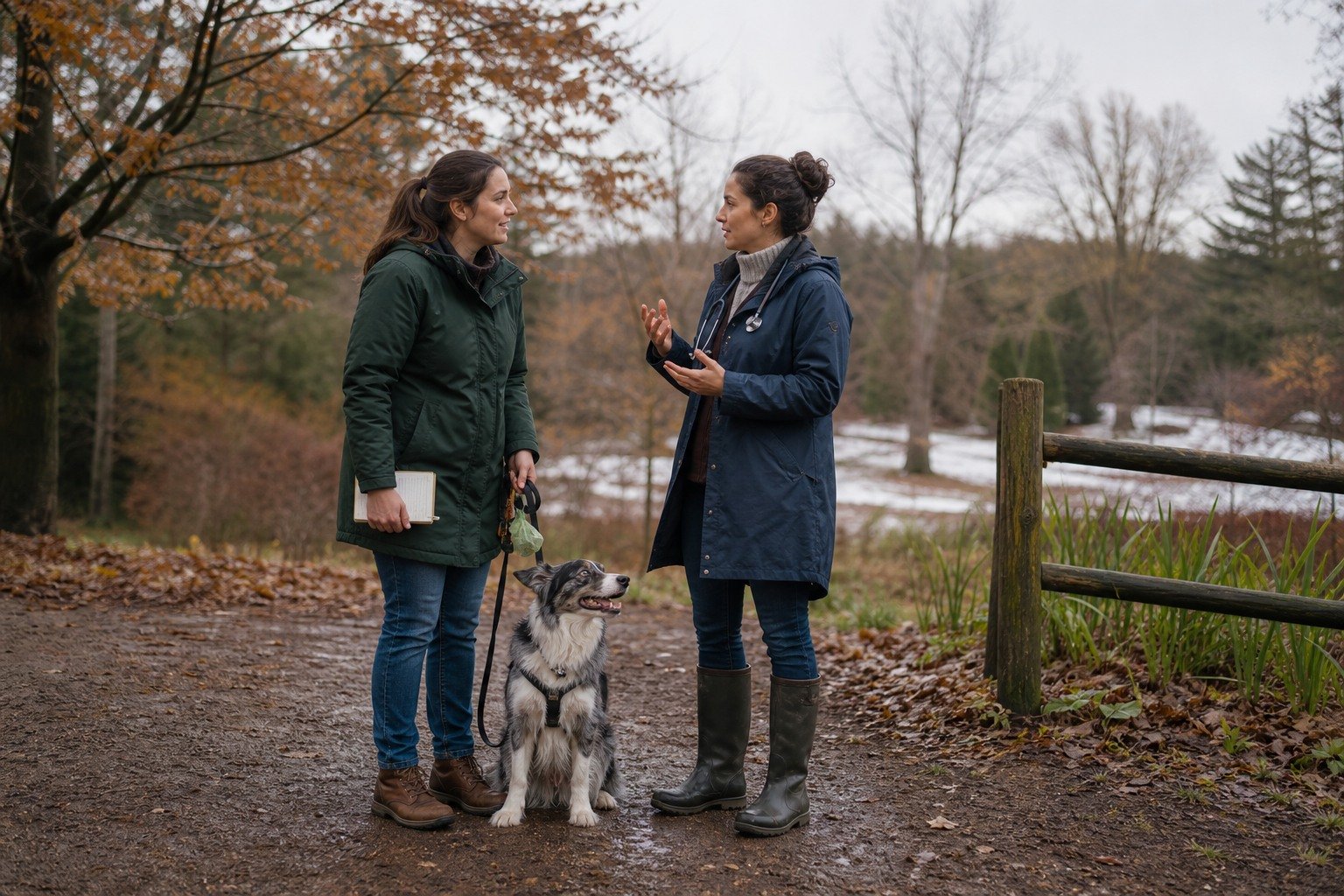 An owner and veterinarian talk beside a dog on a trail where damp ground, autumn leaves, winter edge, and spring growth show seasonal change.