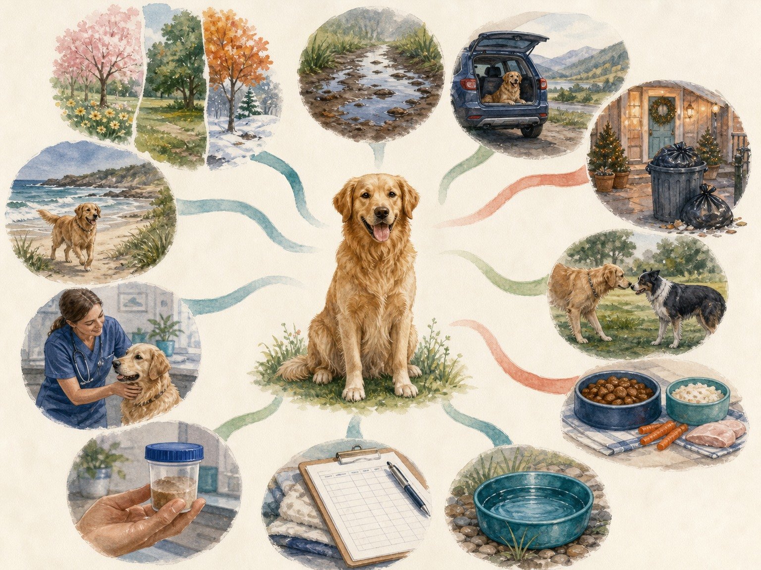A text-free seasonal digestion map shows weather, wet ground, travel, secured trash, animal contact, meals, water, dated observations, requested sample, and clinic.