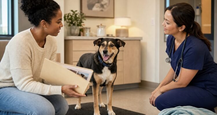 A newly adopted mixed-breed dog stands on a nonslip mat while the adopter shares available records with a veterinarian.