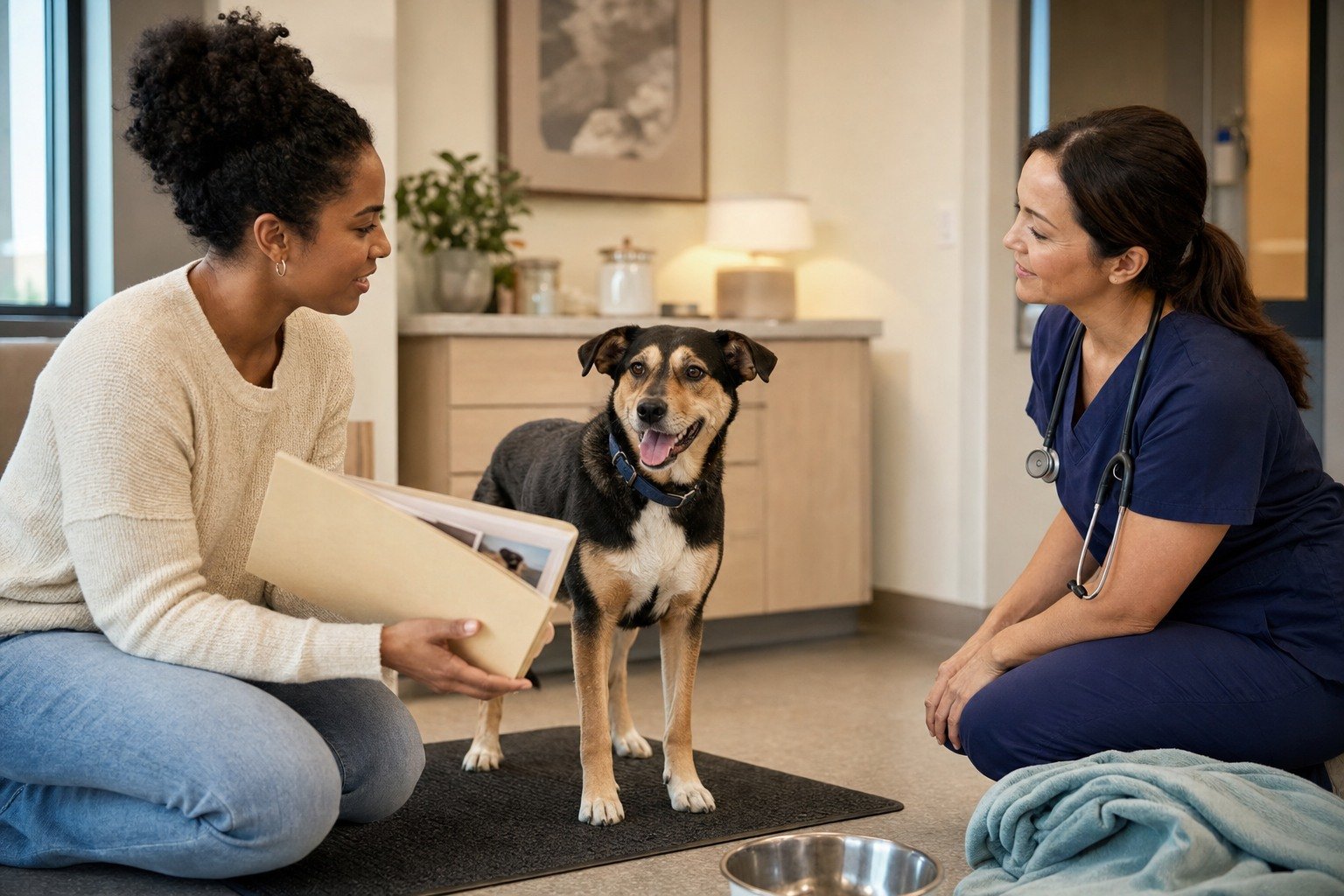 A newly adopted mixed-breed dog stands on a nonslip mat while the adopter shares available records with a veterinarian.
