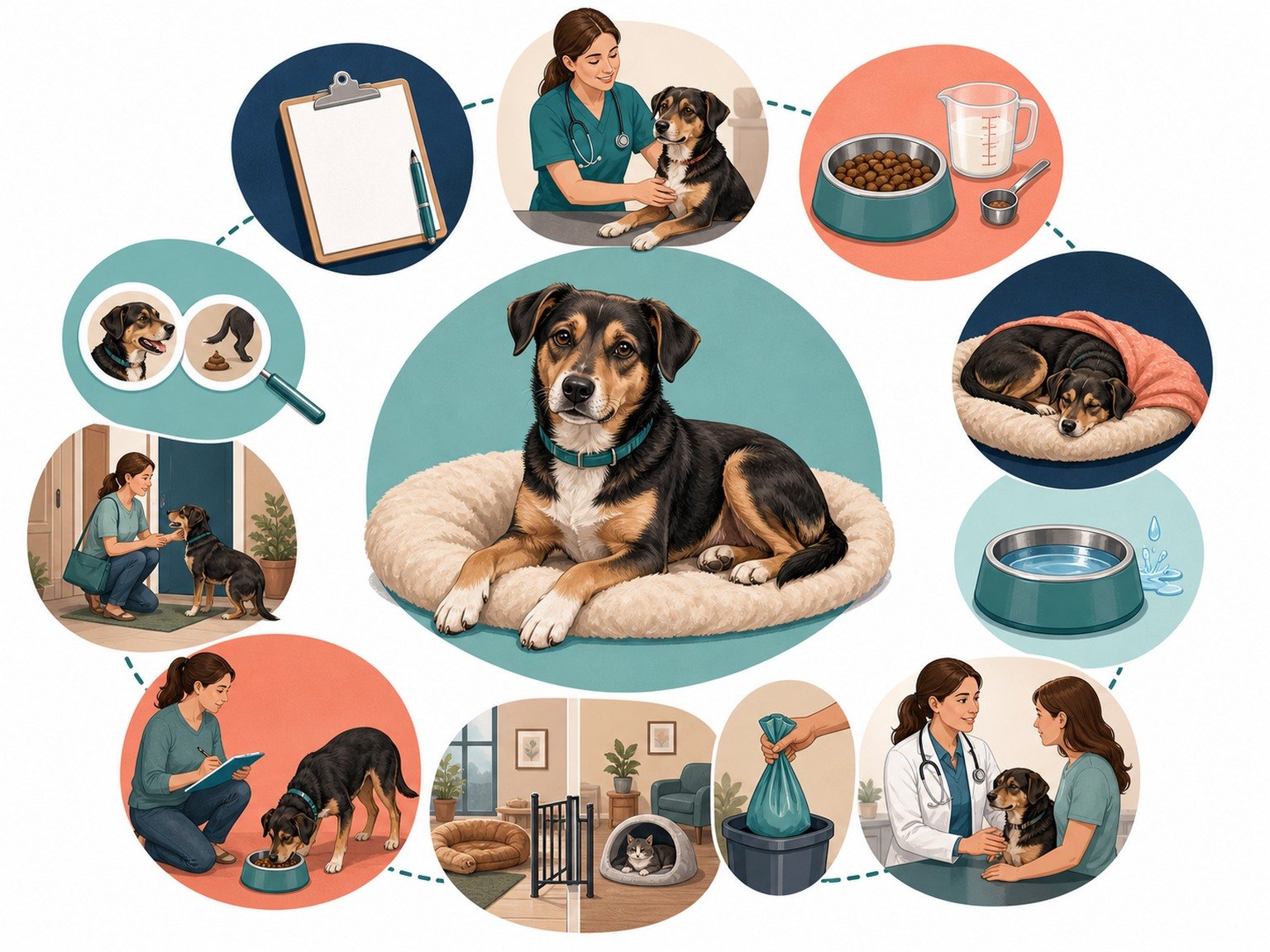 A text-free adopted-dog map shows shelter records, veterinary intake, complete meals, quiet rest, water, waste cleanup, pet separation, observations, transition, and follow-up.