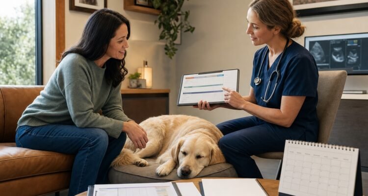 A dog rests beside its owner while a veterinarian explains a neutral tiered digestive-care plan and blank estimate.