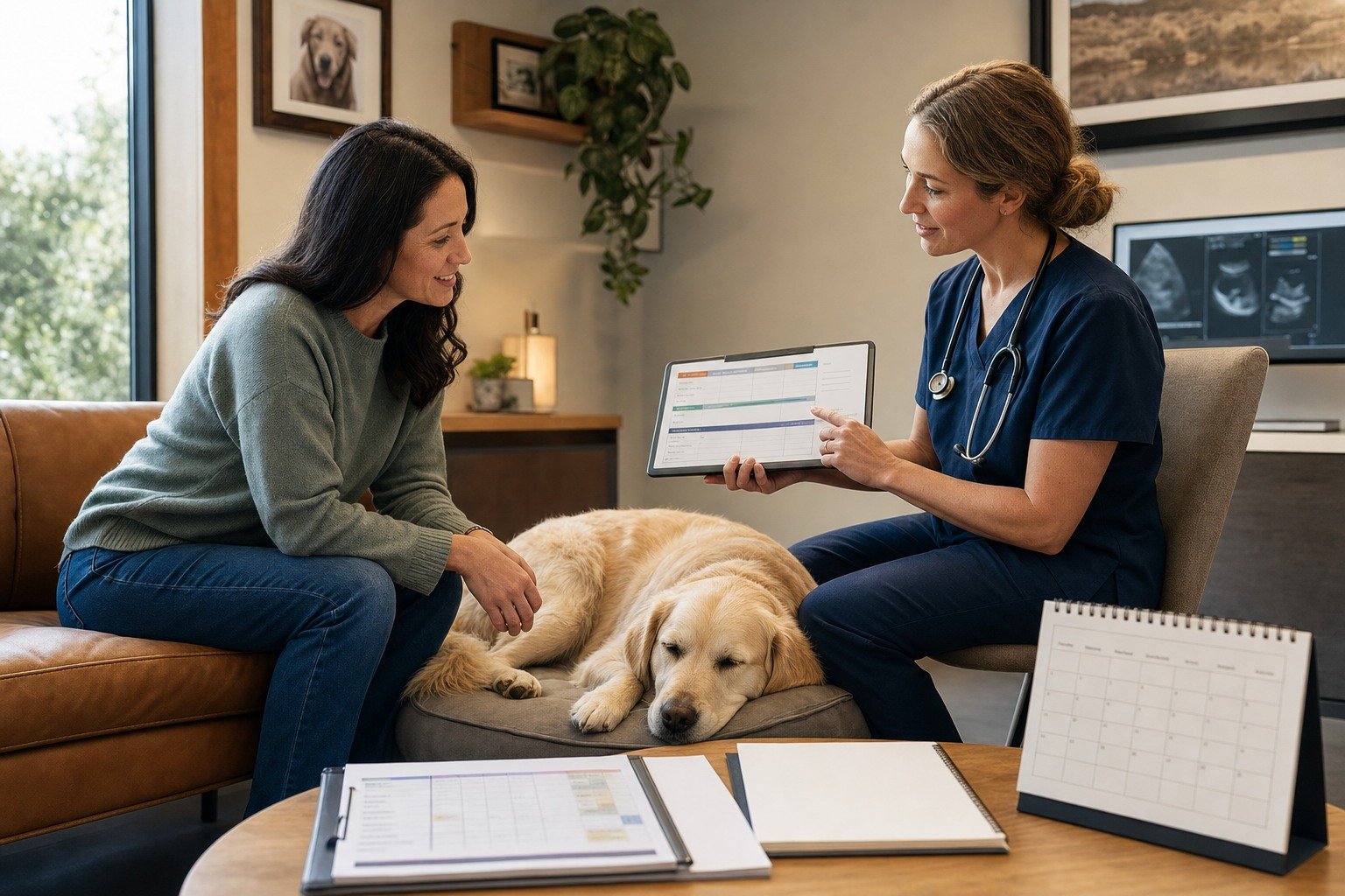 A dog rests beside its owner while a veterinarian explains a neutral tiered digestive-care plan and blank estimate.