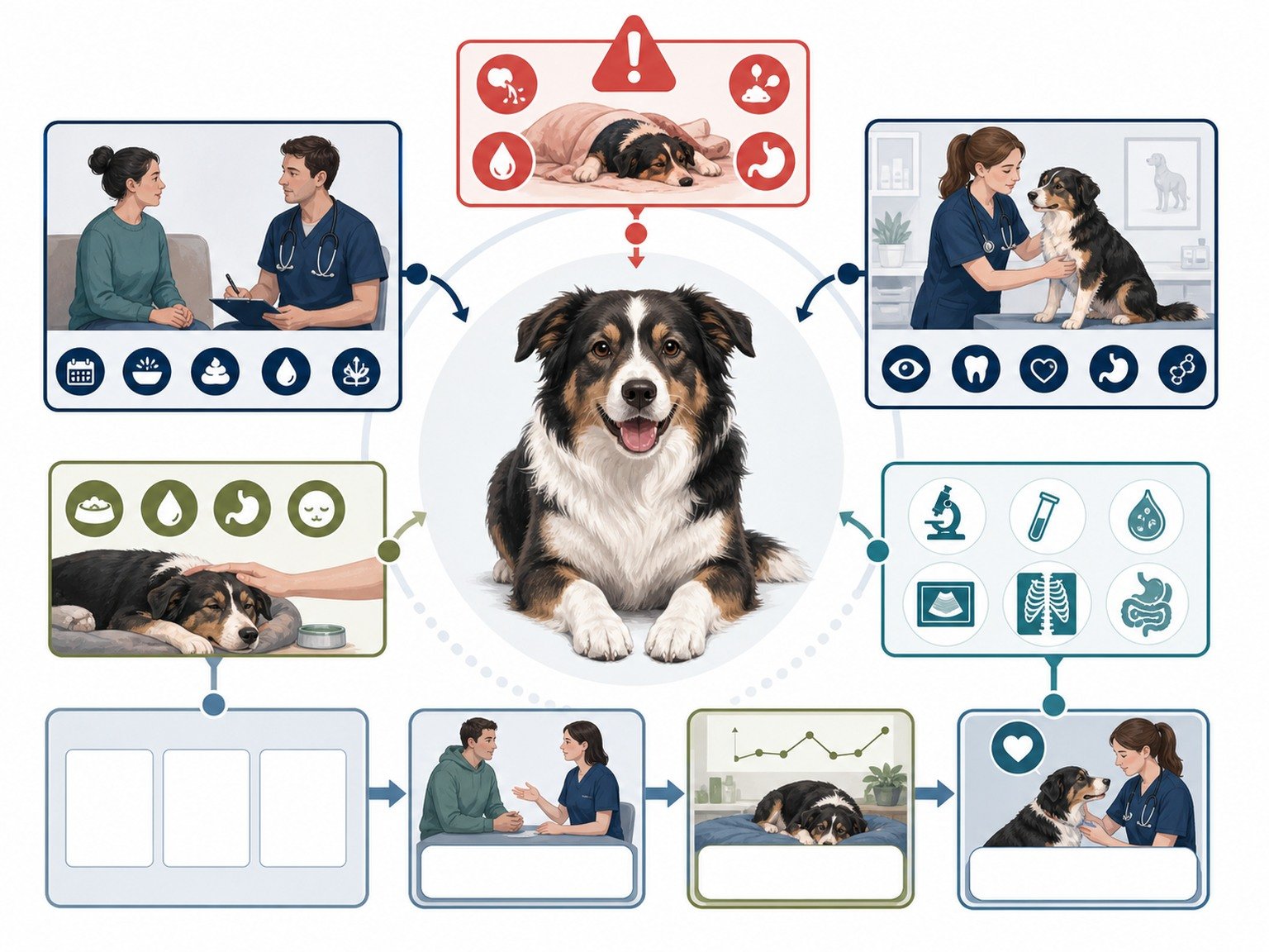 A text-free budget-conscious care map shows triage, history, examination, prioritized questions, essential care, later options, estimate, payment discussion, tracking, and recheck.