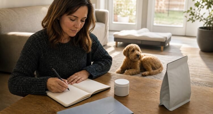 An owner records a dog's meal, water, appetite, and behavior at home beside a blank veterinary folder and sealed requested sample container.