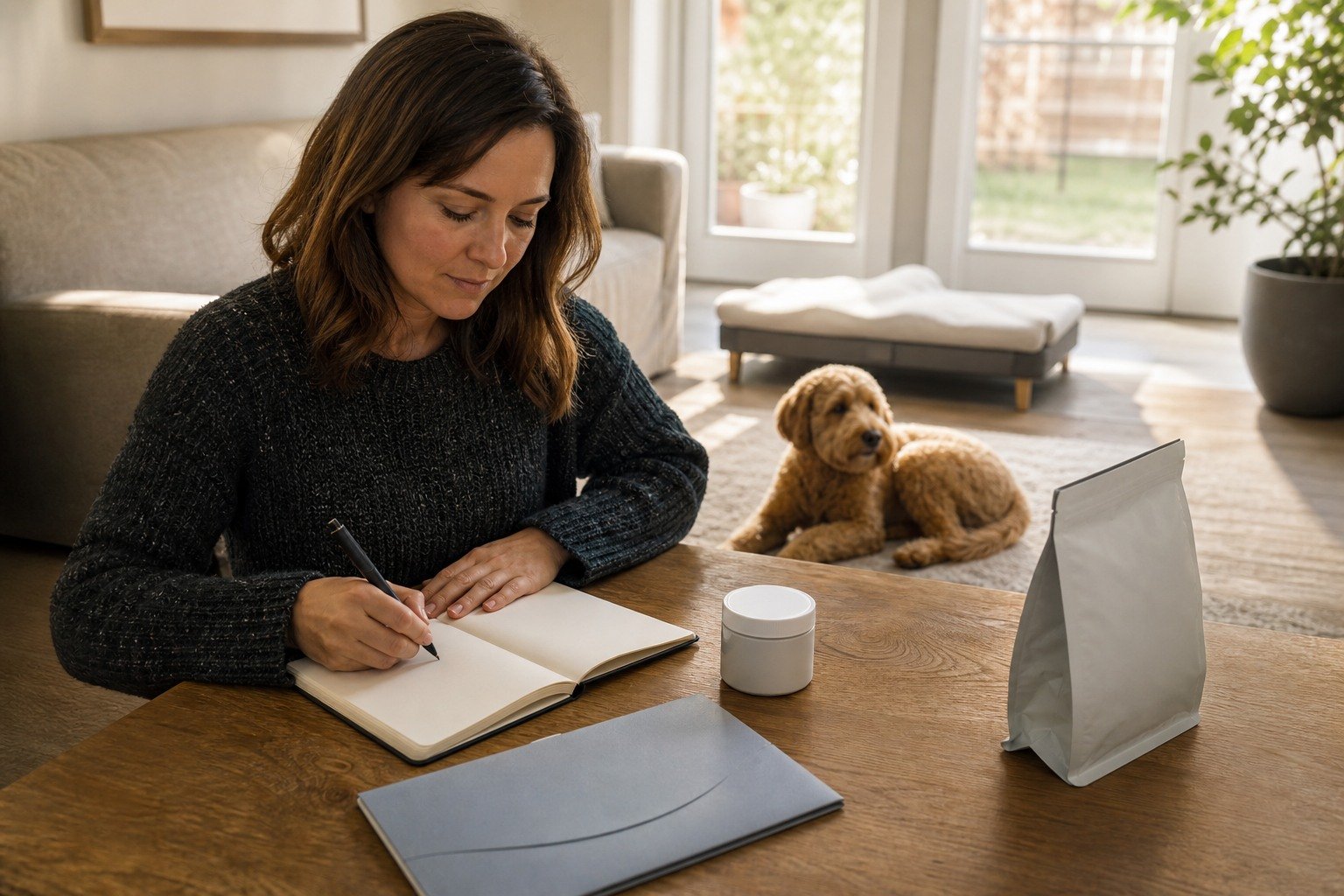 An owner records a dog's meal, water, appetite, and behavior at home beside a blank veterinary folder and sealed requested sample container.