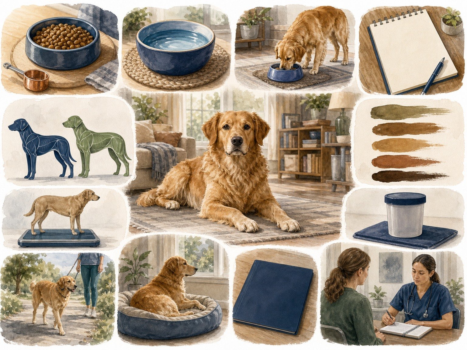 A text-free home digestive monitoring map shows meals, water, appetite, blank notes, body and muscle condition, weight, movement, rest, a requested sample, and veterinary review.