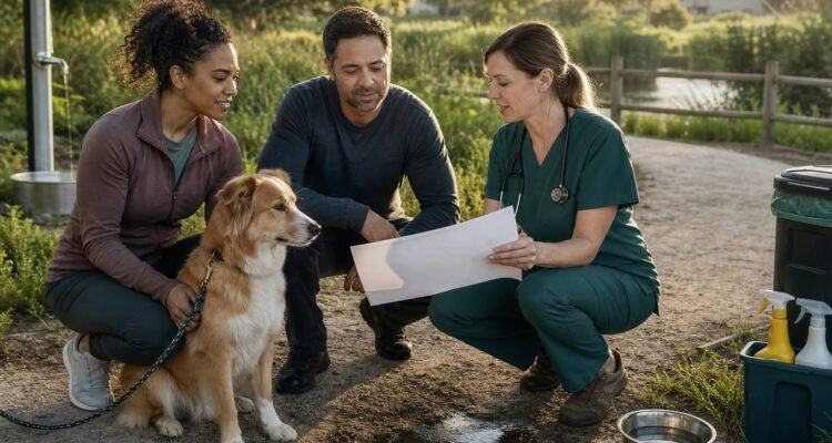 A dog owner and veterinarian review an exposure history outdoors near soil, standing water, food bowls, waste bins, and a shared walking path.