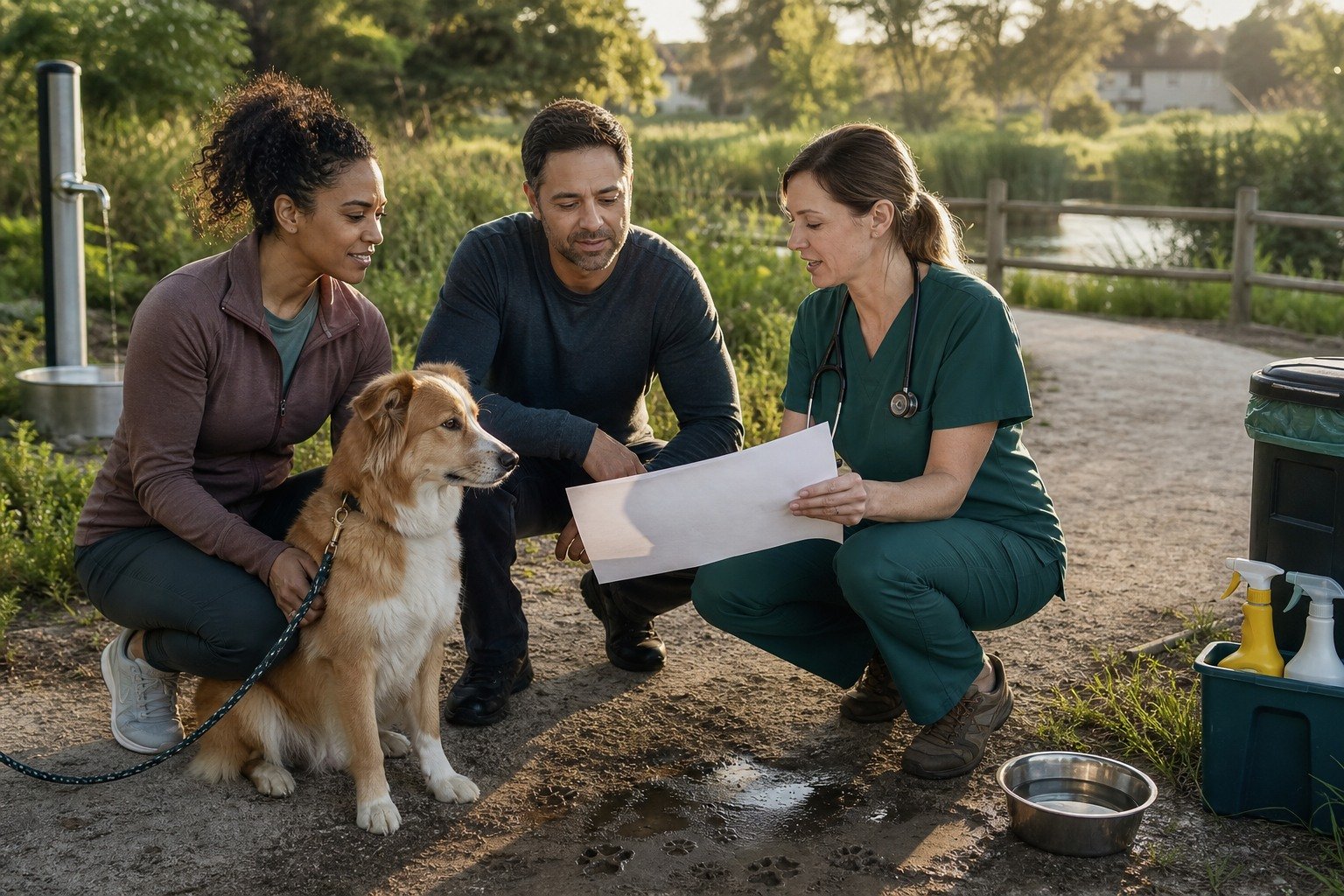 A dog owner and veterinarian review an exposure history outdoors near soil, standing water, food bowls, waste bins, and a shared walking path.