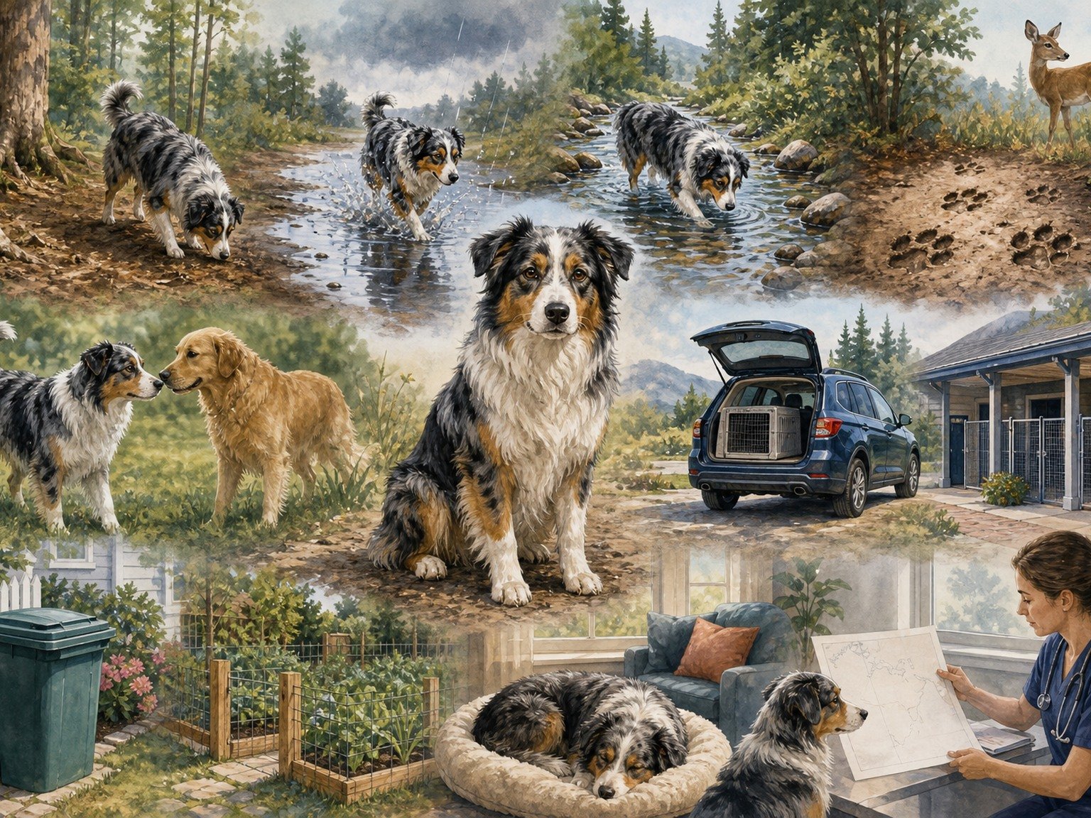 A text-free environmental history map shows water, food storage, outdoor access, animal contact, travel, sanitation, routines, and a veterinary timeline.
