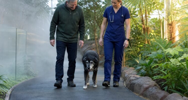 An older dog walks with its owner and veterinarian through a garden where cool mist and warm sunlight suggest changing seasons.
