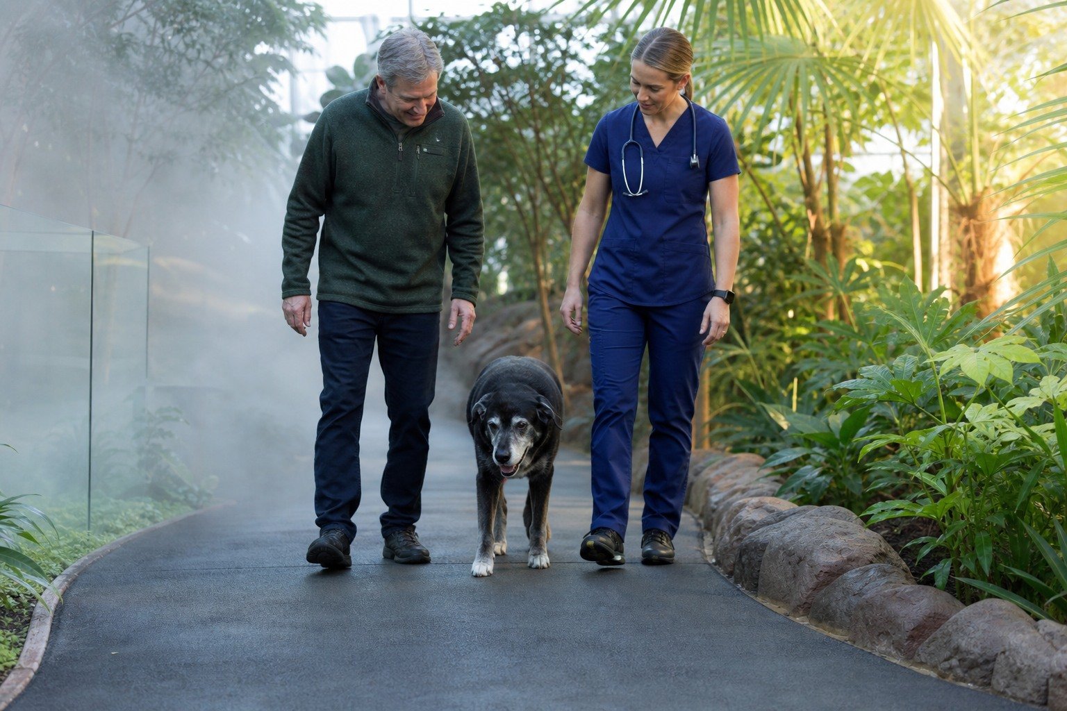 An older dog walks with its owner and veterinarian through a garden where cool mist and warm sunlight suggest changing seasons.