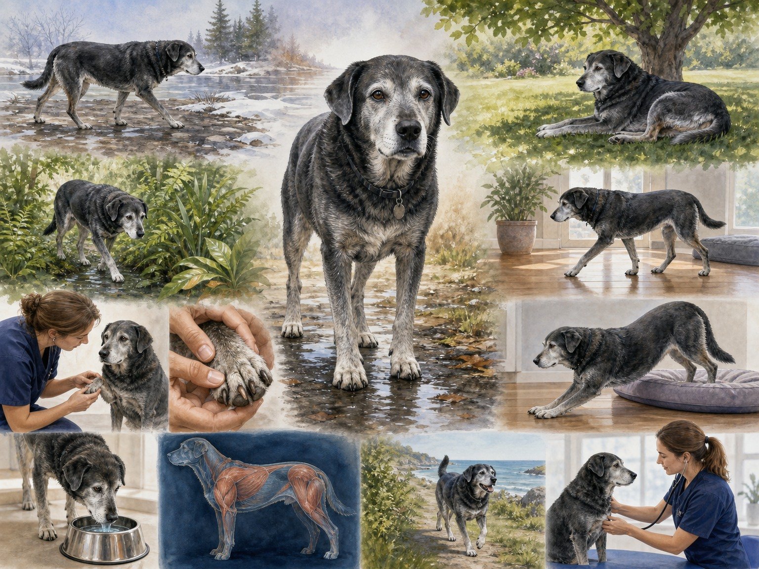 A text-free seasonal mobility map shows the same dog walking, rising, resting, and moving across wet, cold, warm, and indoor surfaces with a veterinary review.