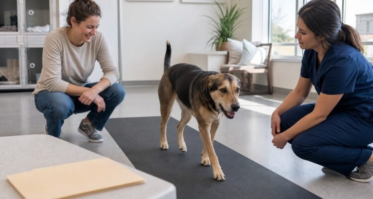 A newly adopted mixed-breed dog walks calmly between its owner and a veterinarian during a low-stress mobility observation.