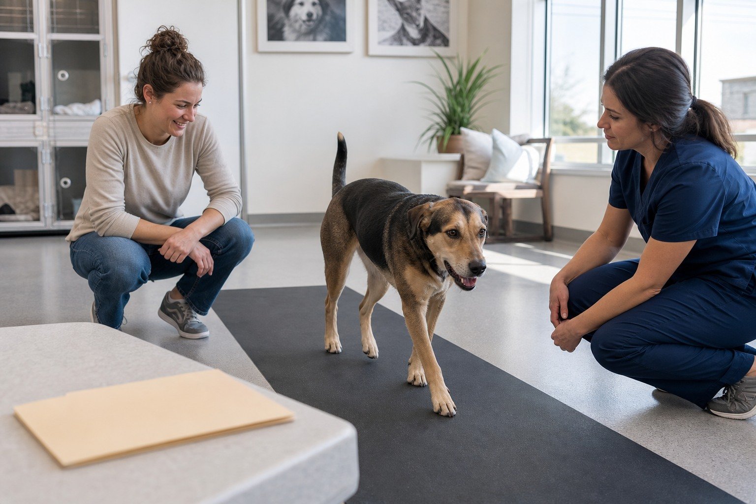 A newly adopted mixed-breed dog walks calmly between its owner and a veterinarian during a low-stress mobility observation.