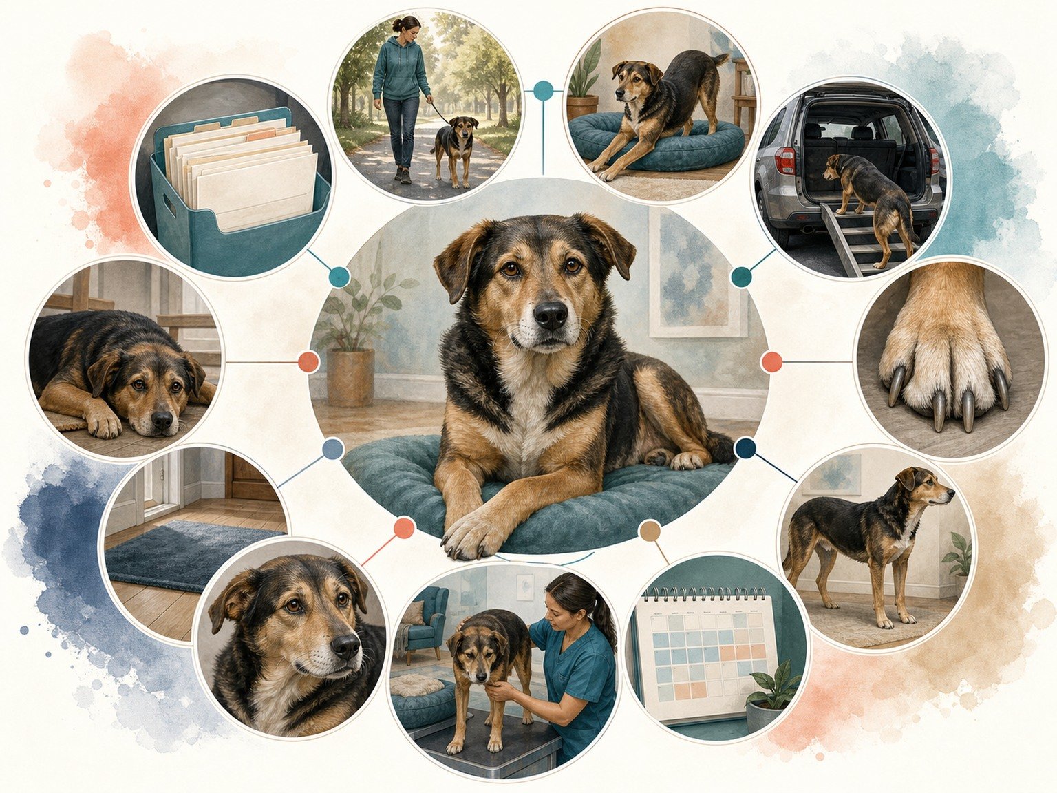 A text-free adopted-dog care map shows records, rest, rising, walking, stairs, paws, transport, videos, and veterinary follow-up.