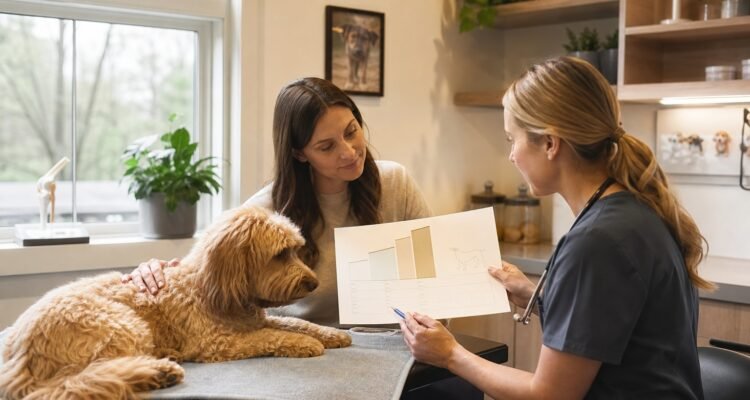 A dog rests beside its owner while a veterinarian reviews a simple priorities and options worksheet during a joint-health visit.