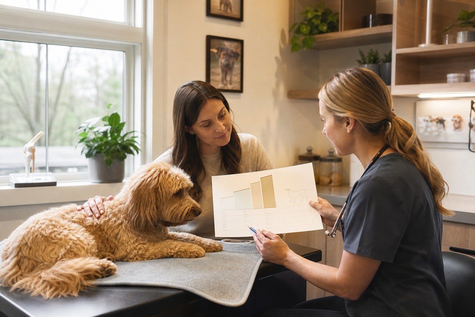 A dog rests beside its owner while a veterinarian reviews a simple priorities and options worksheet during a joint-health visit.