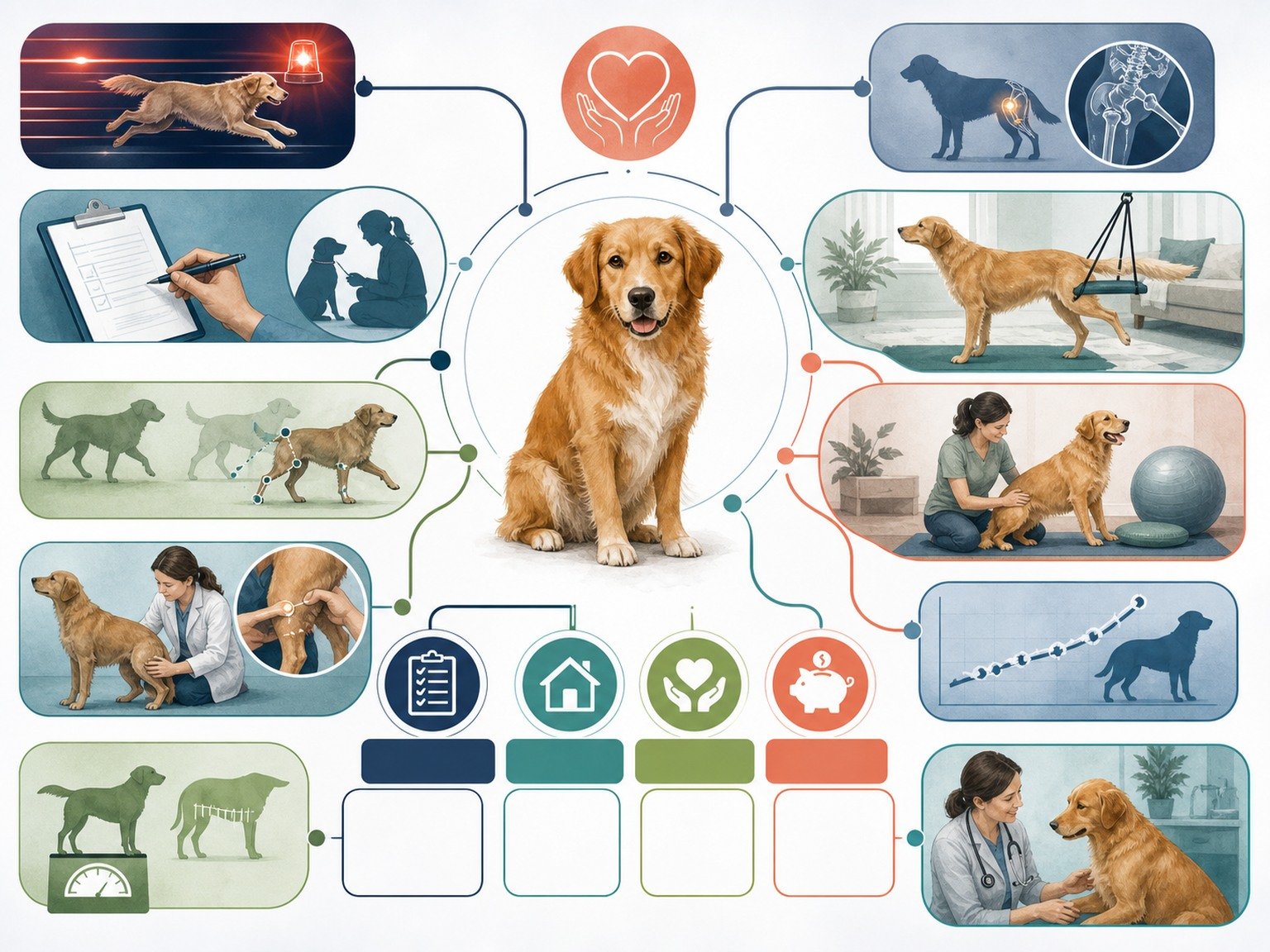 A text-free budget-aware veterinary decision map shows urgency, goals, options, uncertainty, constraints, payment resources, reassessment, and follow-up.