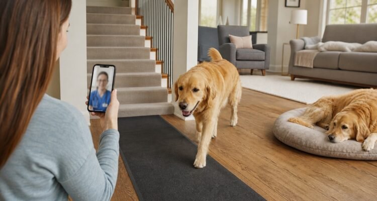 An owner records a senior dog's natural walk at home while a veterinarian observes by video consultation without manipulating the dog.