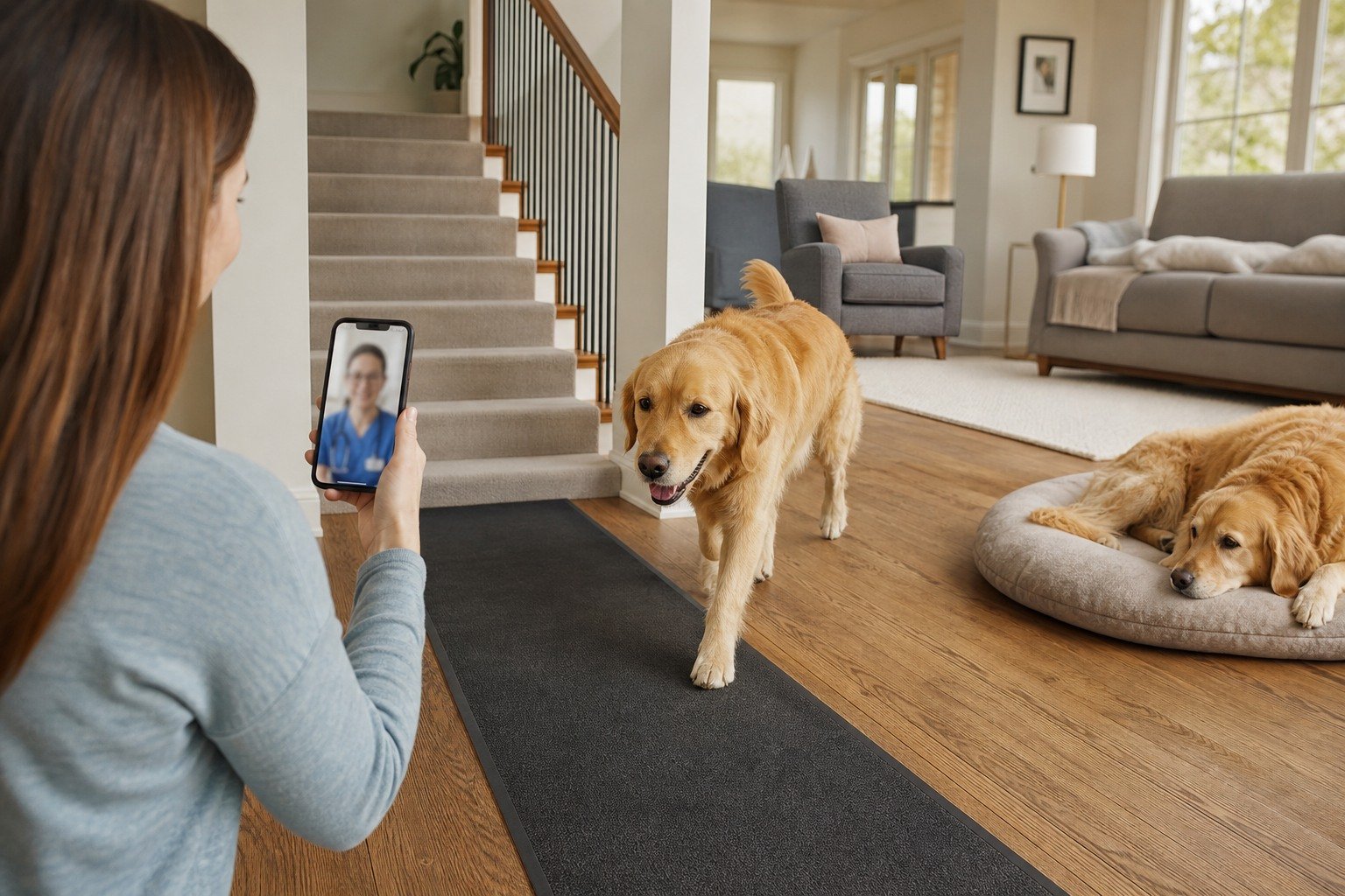 An owner records a senior dog's natural walk at home while a veterinarian observes by video consultation without manipulating the dog.