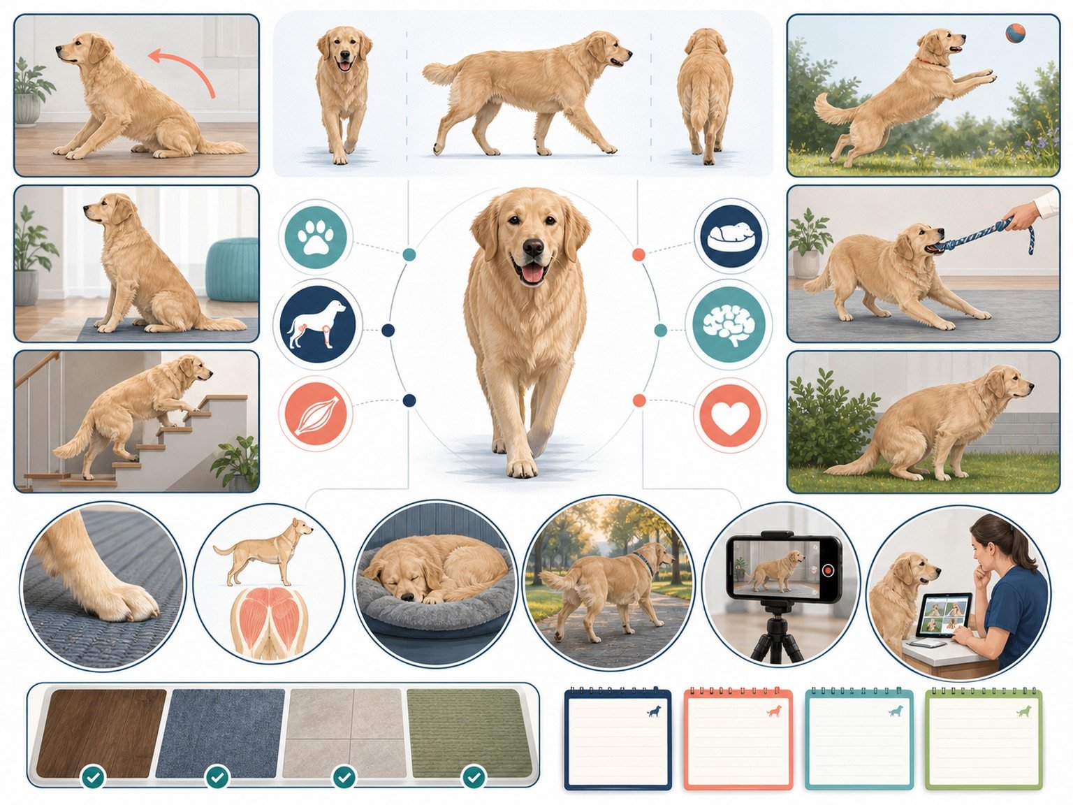A text-free canine mobility log shows rising, walking, turning, stairs, rest, paws, activity videos, dates, and veterinary review.