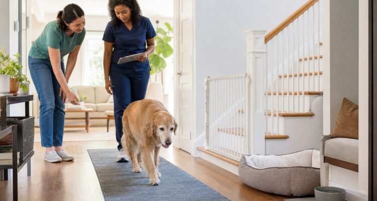 An older dog walks along a secured runner while its owner and a veterinary rehabilitation professional review home access and a gated stairway.