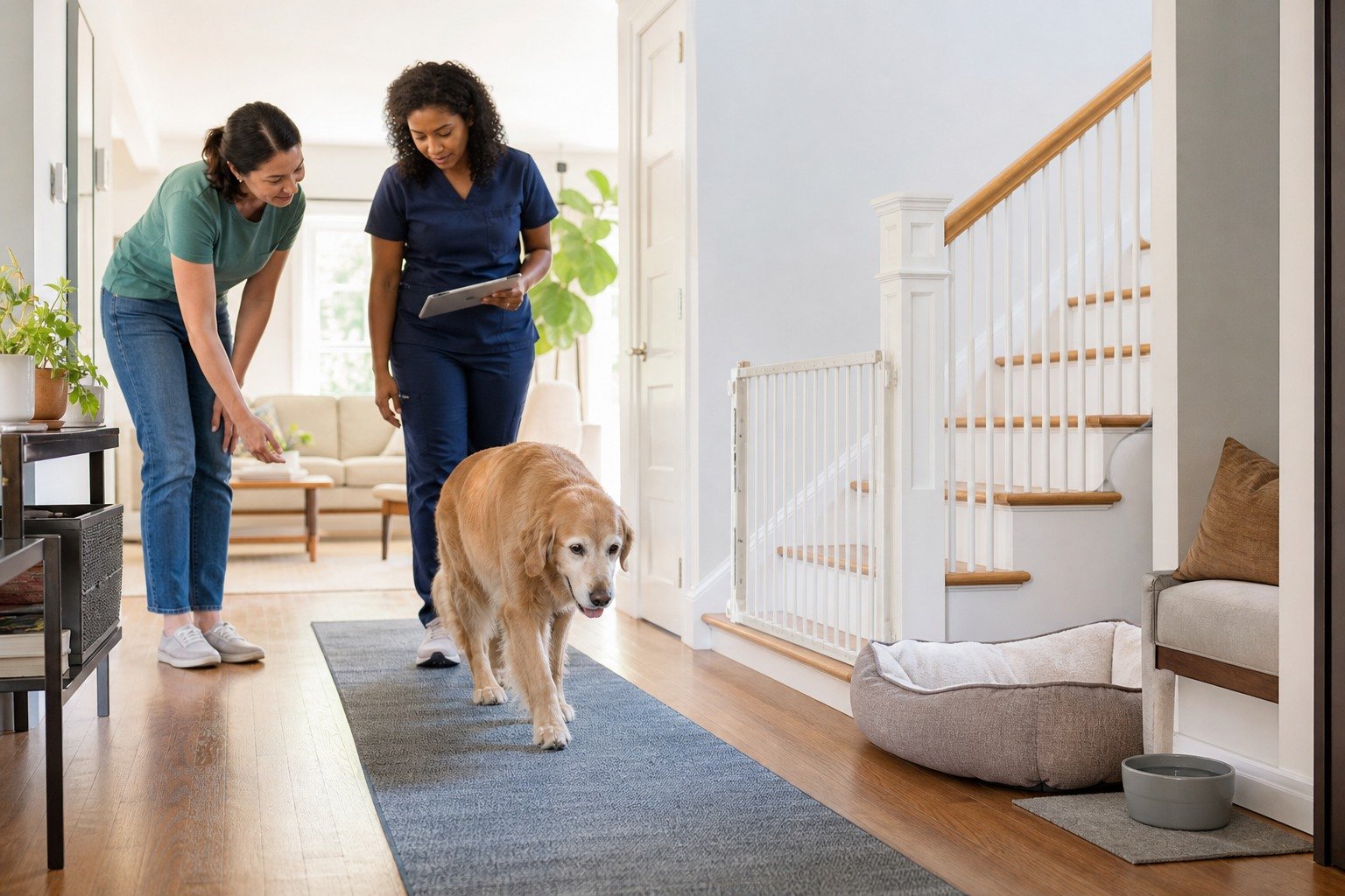 An older dog walks along a secured runner while its owner and a veterinary rehabilitation professional review home access and a gated stairway.
