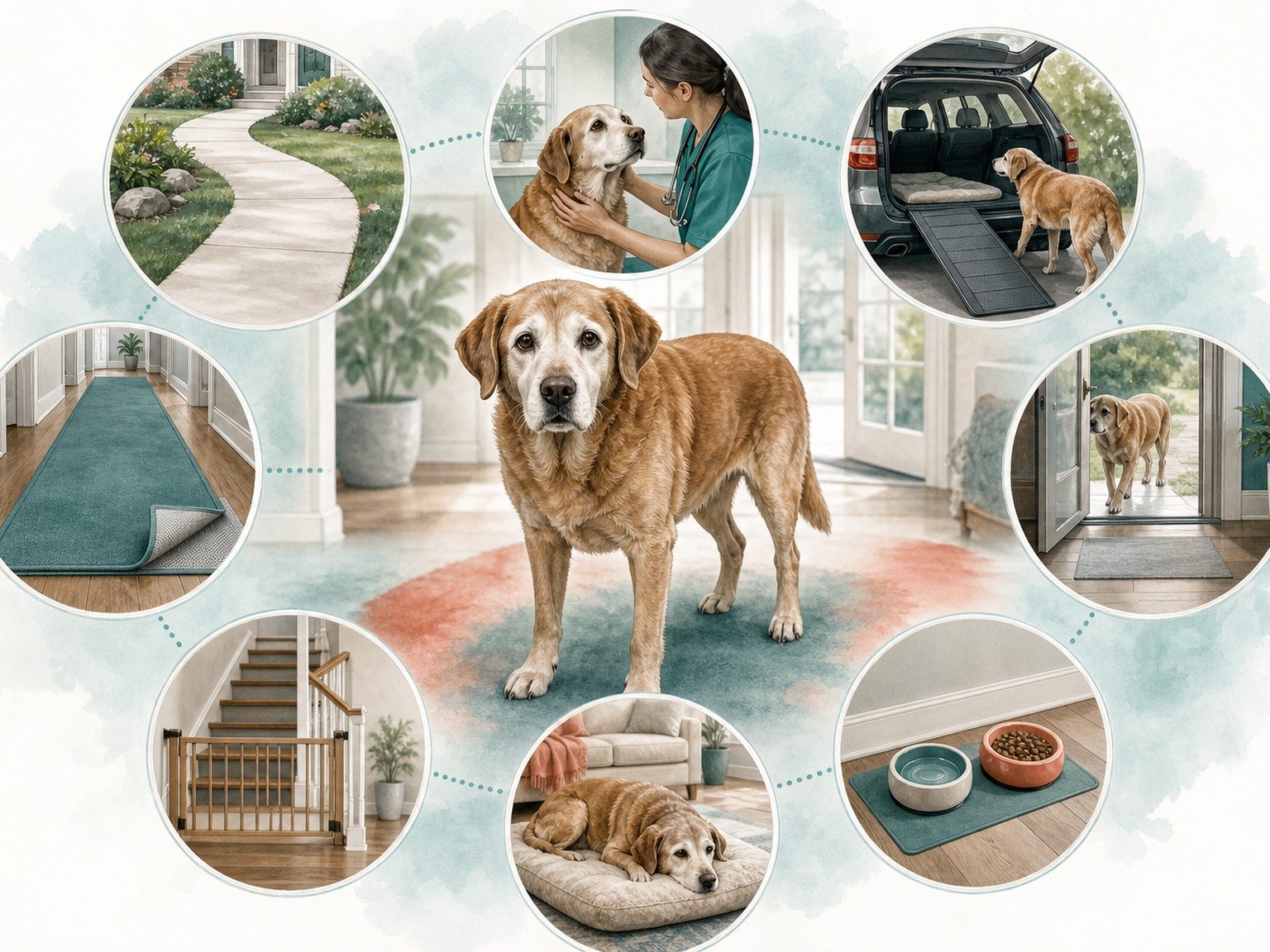 A text-free home mobility map shows paths, traction, stairs, rest, bowls, thresholds, vehicle access, and veterinary reassessment around one older dog.