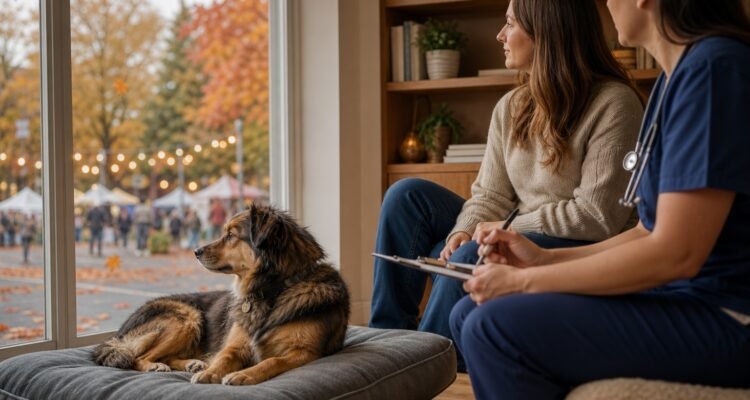 A calm dog rests beside its owner and veterinarian while a distant seasonal neighborhood gathering is visible through a window.