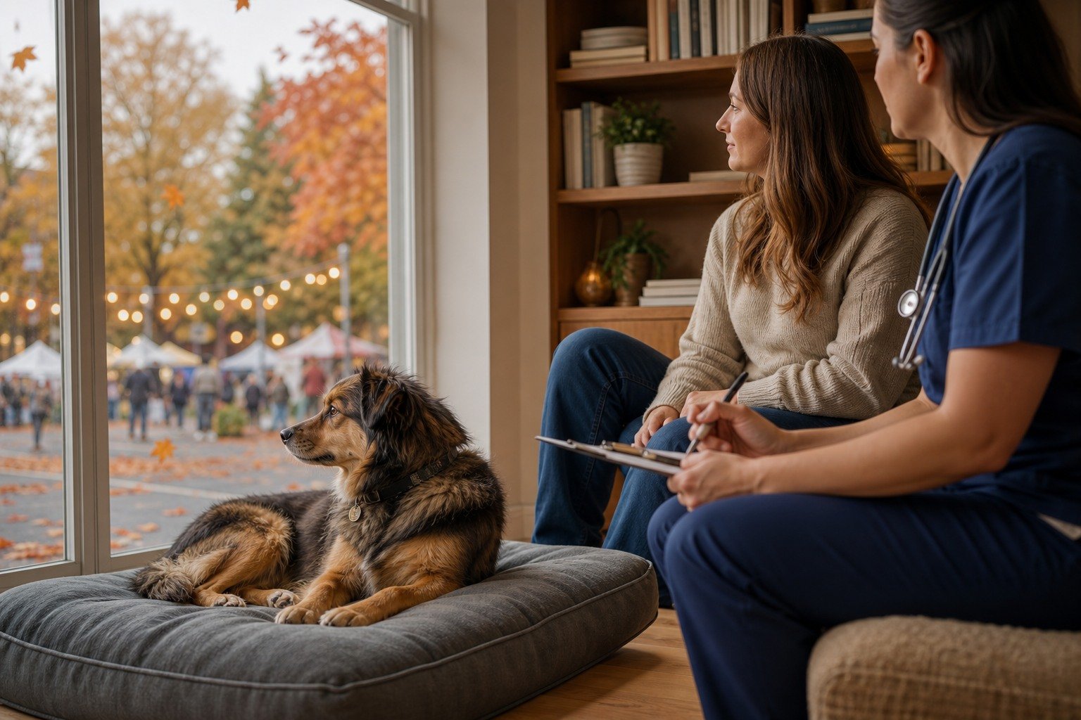 A calm dog rests beside its owner and veterinarian while a distant seasonal neighborhood gathering is visible through a window.