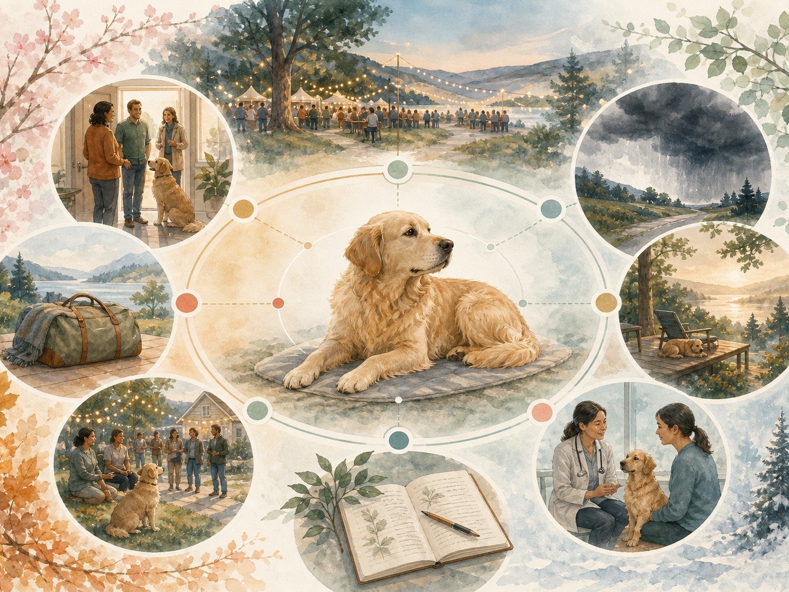 A text-free annual planning map shows visitors, travel, gatherings, storms, familiar retreat, observation notes, and veterinary review around a calm dog.