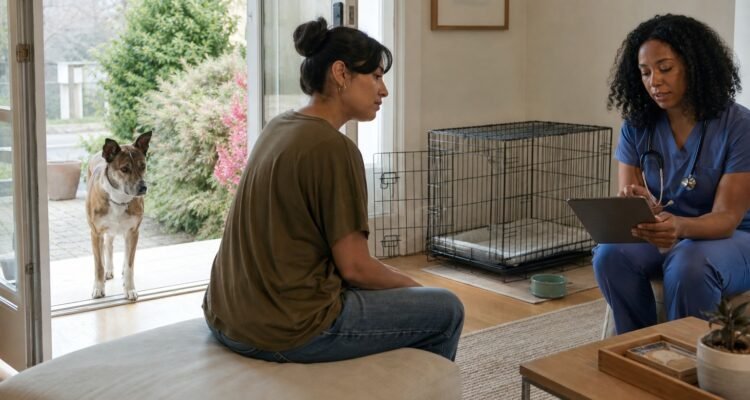A newly adopted dog observes from an open doorway while its owner sits at a distance and a veterinarian reviews first-day records.