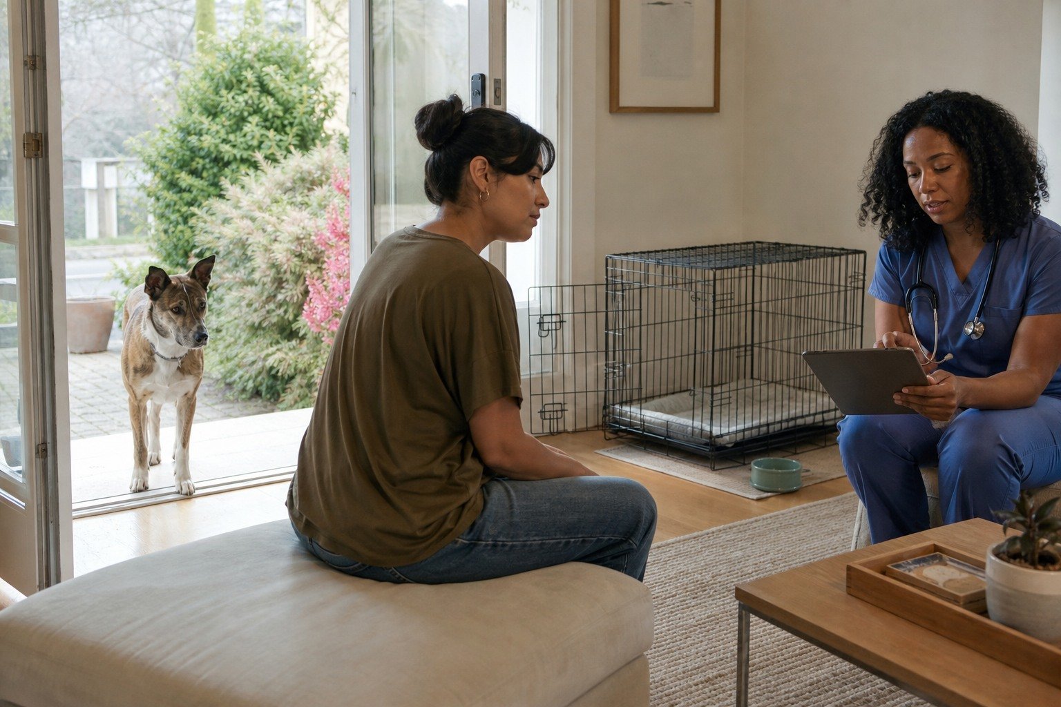 A newly adopted dog observes from an open doorway while its owner sits at a distance and a veterinarian reviews first-day records.