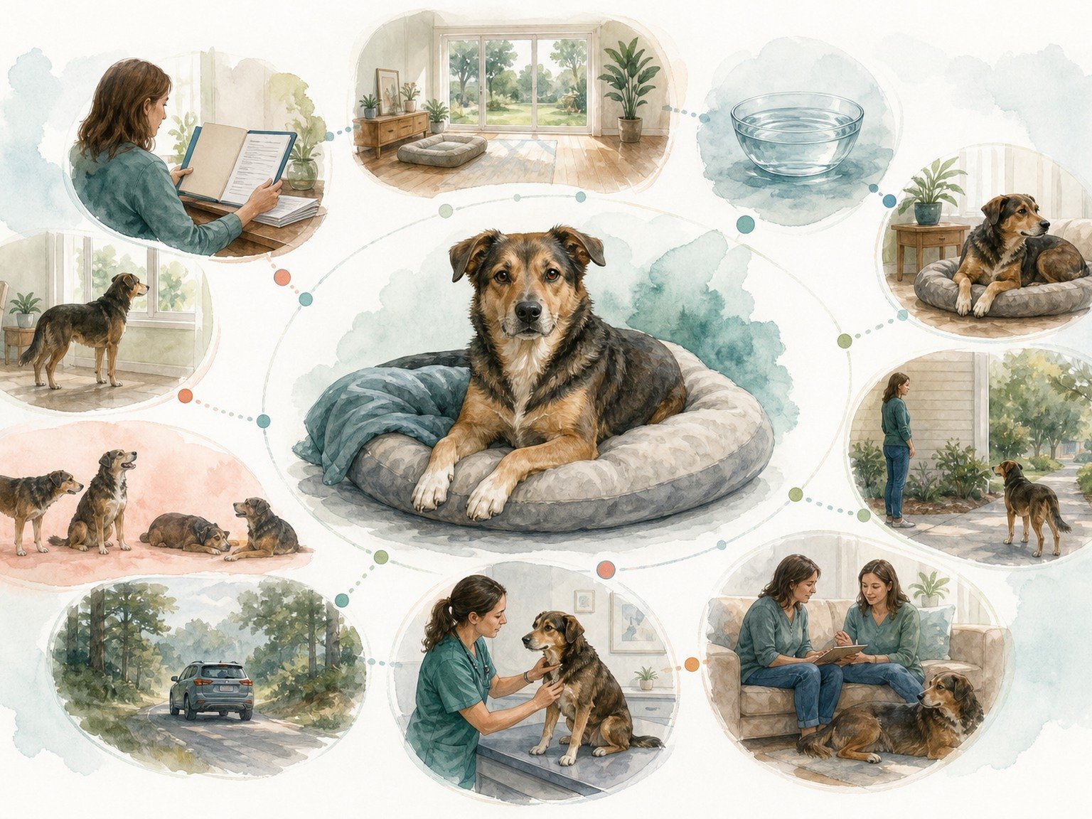 A text-free adopted-dog map shows records, quiet retreat, water, rest, observation, transport, veterinary assessment, and follow-up.