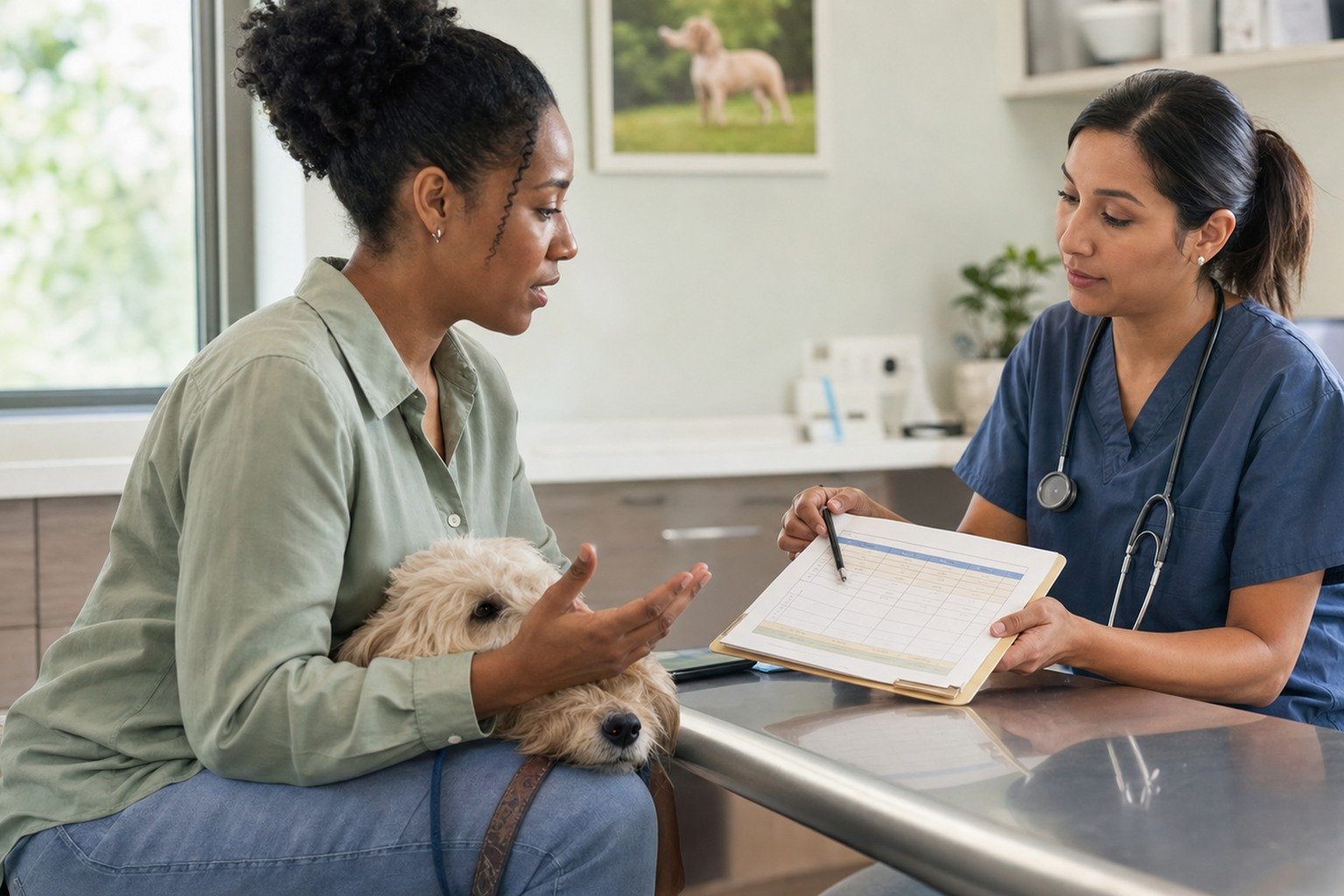A dog rests beside its owner while a veterinarian reviews priorities and options in a respectful budget-aware behavior consultation.