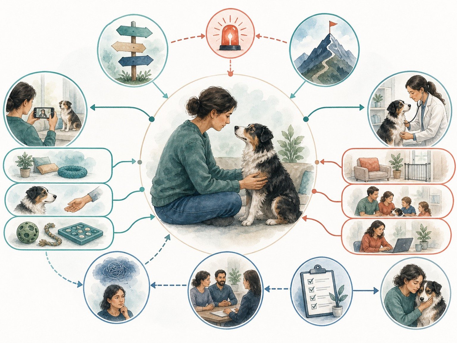 A text-free decision map shows safety, goals, observations, assessment, options, uncertainty, constraints, reassessment, and follow-up around a dog and owner.