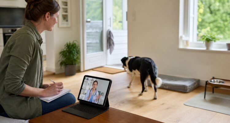 An owner records neutral observations while a dog moves freely through an ordinary room and a veterinarian participates by video consultation.