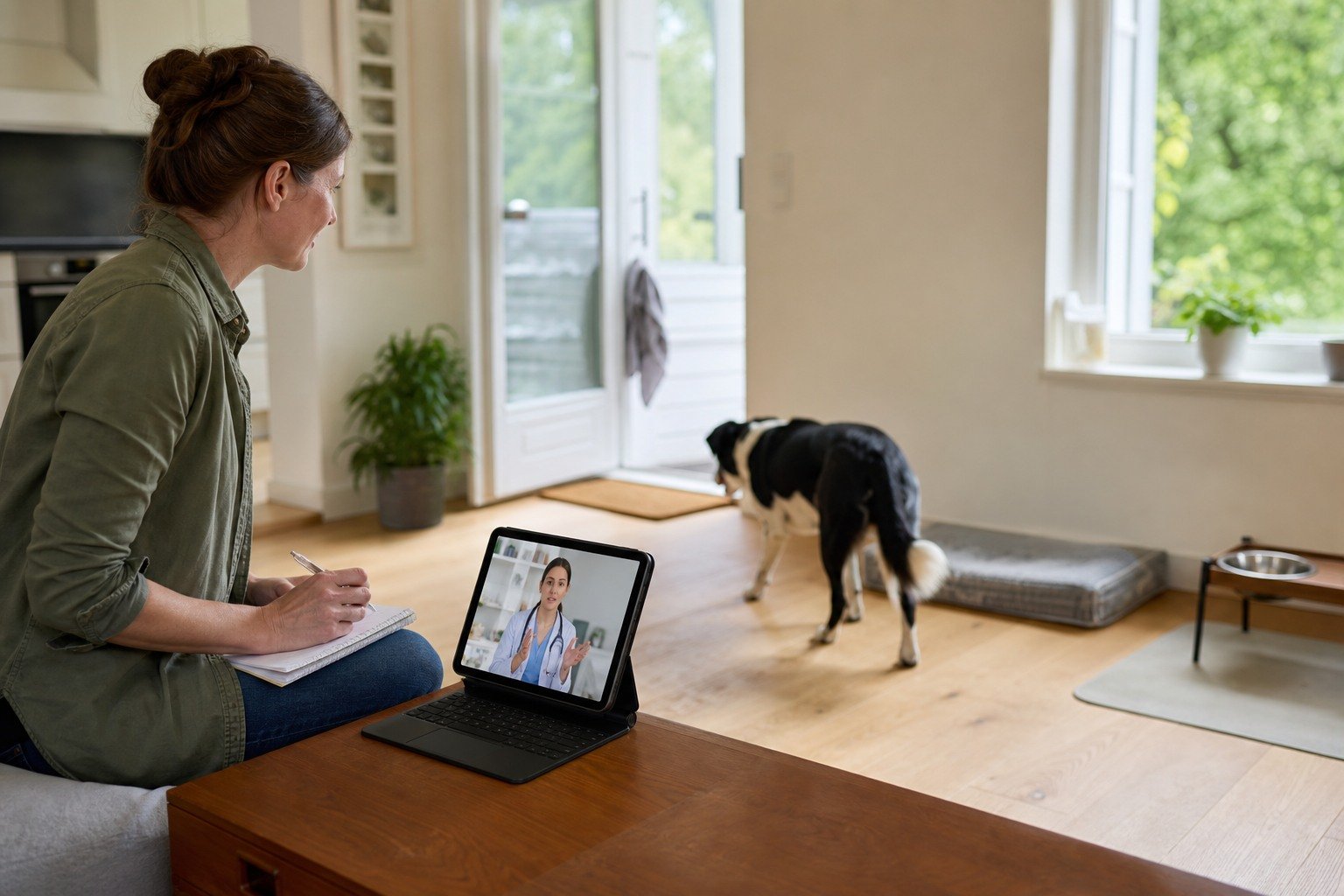 An owner records neutral observations while a dog moves freely through an ordinary room and a veterinarian participates by video consultation.